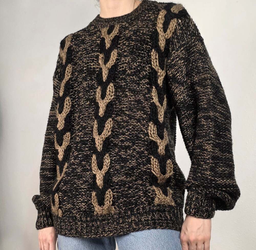 Vintage 90s 3D Knit Sweater Brown Black Textured Pattern Retro Granpa Large